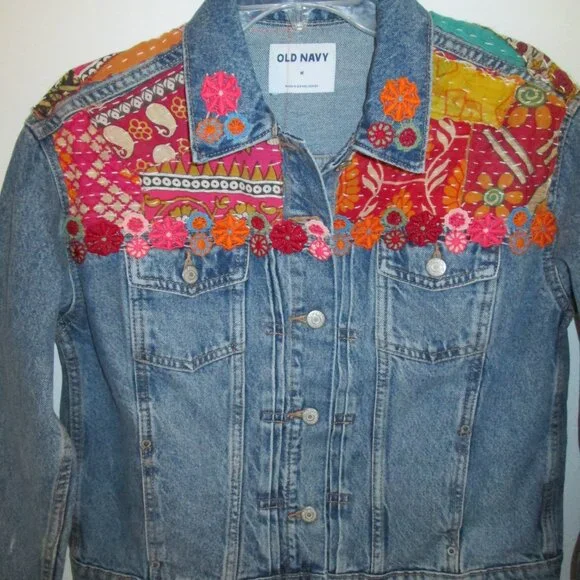 Boho Kantha Denim Jacket, Artisan Crafted Patchwork Distressed Jean Jacket M - Picture 5 of 10